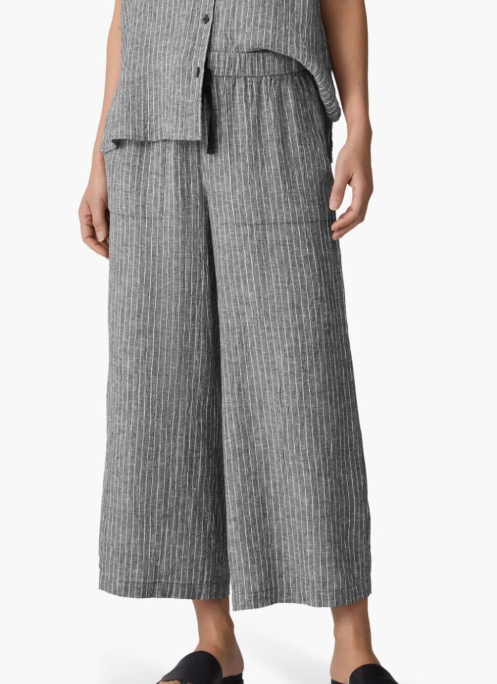 Eileen Fisher Organic Linen Striped Wide Leg Cropped Pant Gray Petite Petite